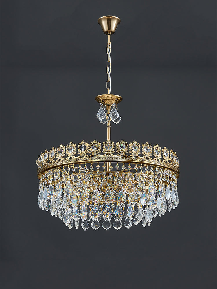 French Light Luxury Tiered Gold Crown Raindrop Crystal Pendant Chandelier for Living/Dining Room