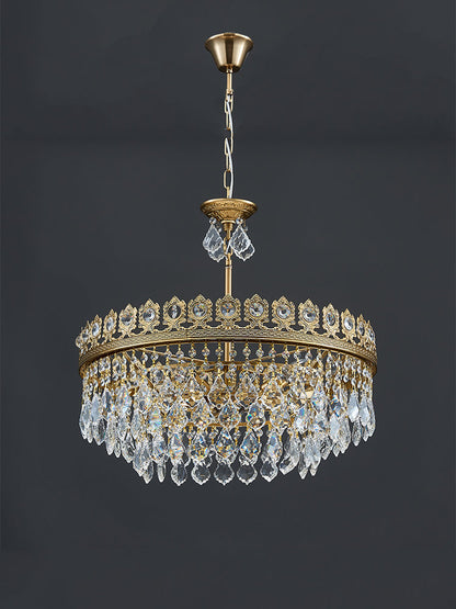 French Light Luxury Tiered Gold Crown Raindrop Crystal Pendant Chandelier for Living/Dining Room