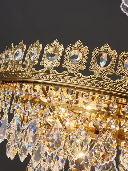 French Light Luxury Tiered Gold Crown Raindrop Crystal Pendant Chandelier for Living/Dining Room