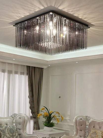 Modern Black Glass Tassel Crystal Pendant Flush Mount Chandelier for Living Room/Bedroom/Study