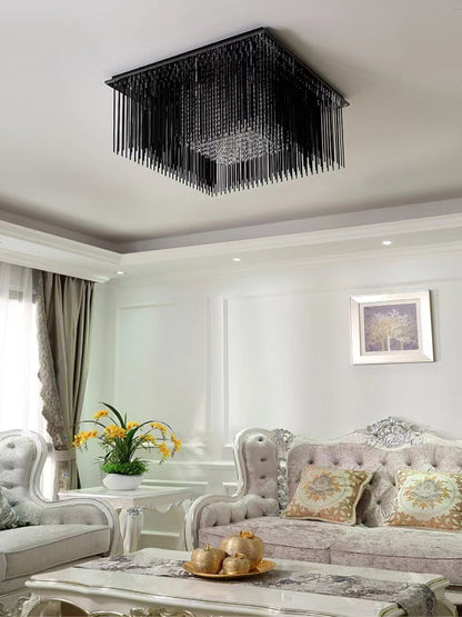 Modern Black Glass Tassel Crystal Pendant Flush Mount Chandelier for Living Room/Bedroom/Study