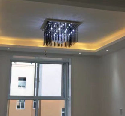 Modern Black Glass Tassel Crystal Pendant Flush Mount Chandelier for Living Room/Bedroom/Study