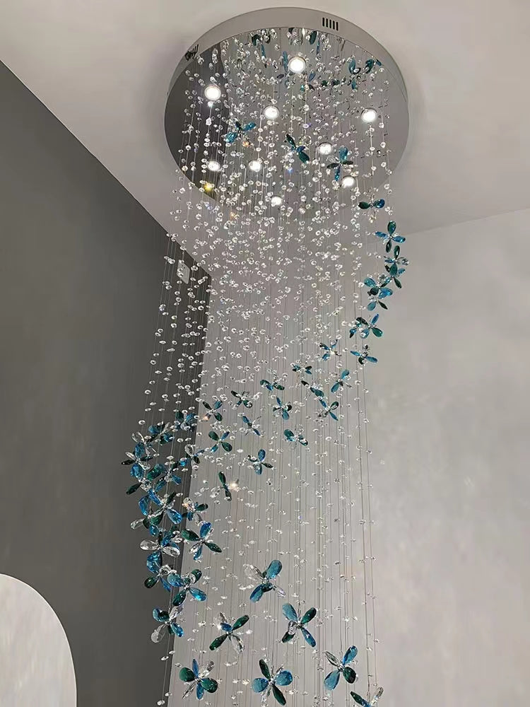 Extra Large Creative Luxury Petal Crystal Pendant Long Chandelier for Foyer/Staircase/Entrance Dining Hall Spiral Ceiling Light