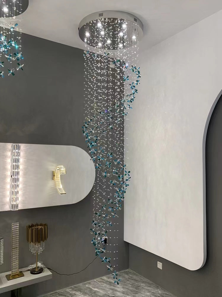 Extra Large Creative Luxury Petal Crystal Pendant Long Chandelier for Foyer/Staircase/Entrance Dining Hall Spiral Ceiling Light