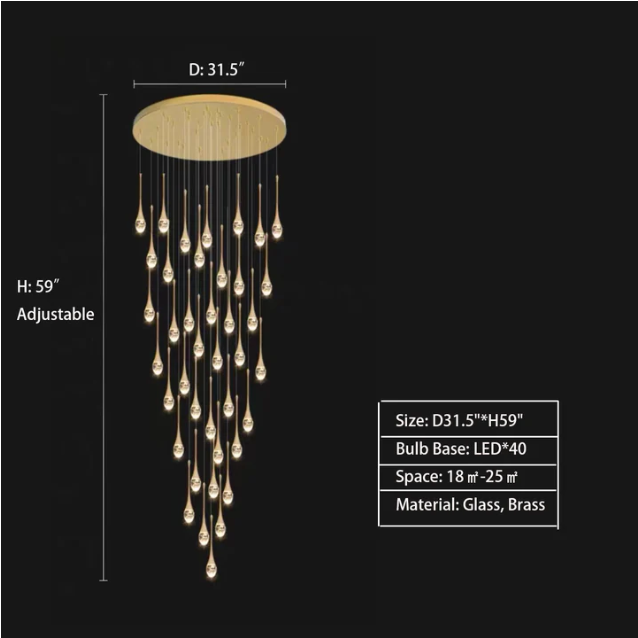 Modern Long Gold Glass Rain Rod Pendant Light for Staircase/High-ceiling room - Richardrider