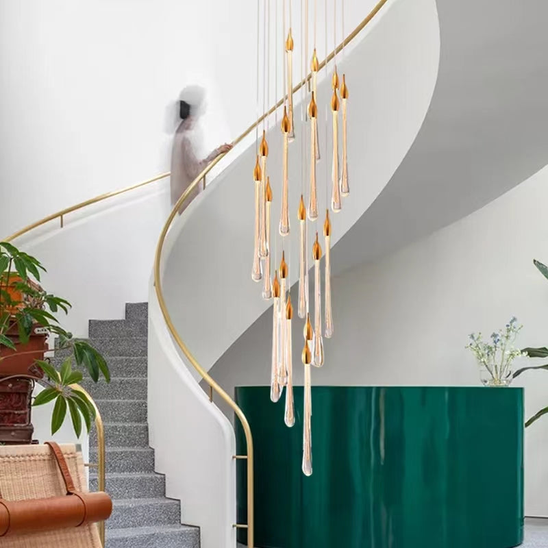 Modern Long Gold Glass Rain Rod Pendant Light for Staircase/High-ceiling room - Richardrider