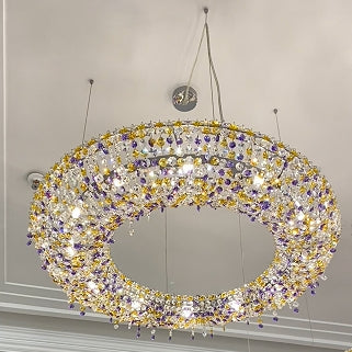 Unique Eccentric Circle Colorful Crystal Beads Chandelier Luxury Ceiling Lamp for Living/Dining Room