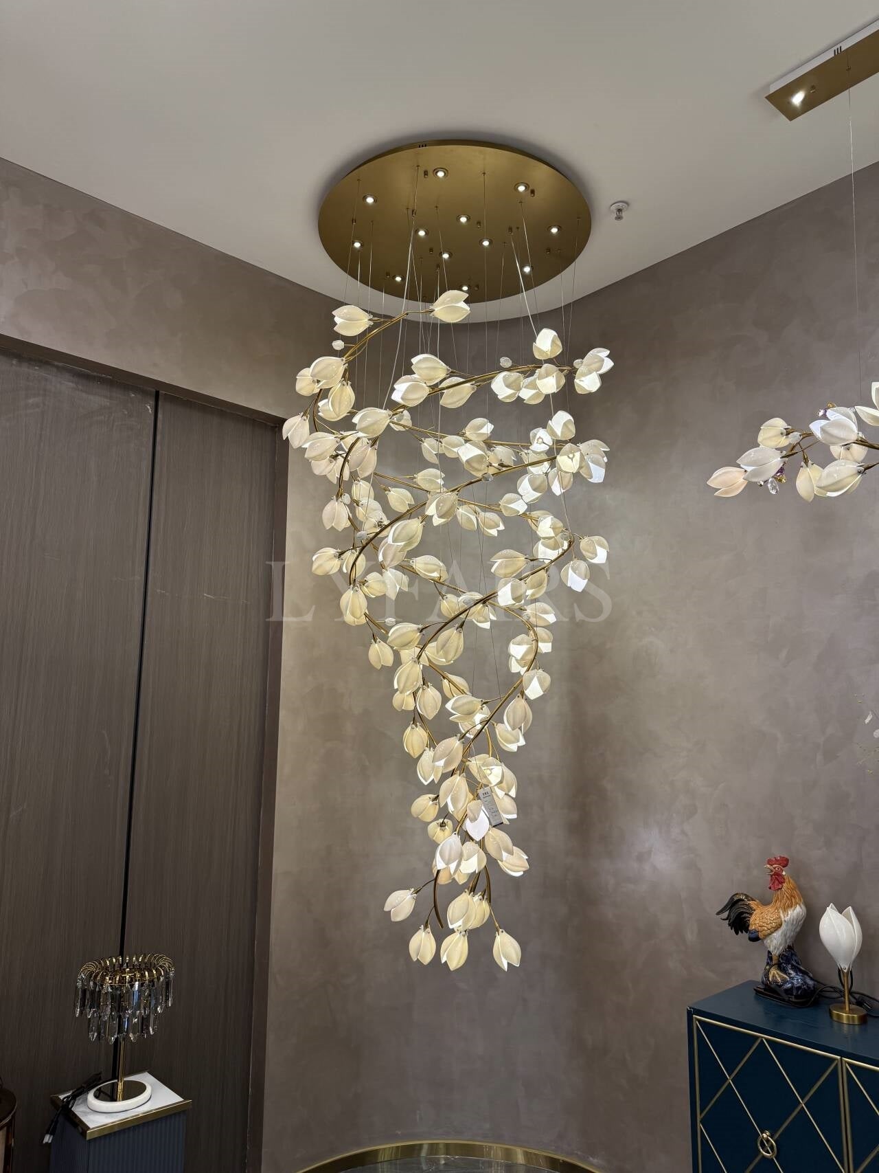 Spiral Pure White Magnolia Chandelier with Golden Branches for Staircase/High-ceiling Space/Foyer/ Duplex - Richardrider