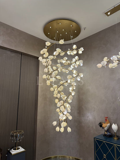 Spiral Pure White Magnolia Chandelier with Golden Branches for Staircase/High-ceiling Space/Foyer/ Duplex - Richardrider