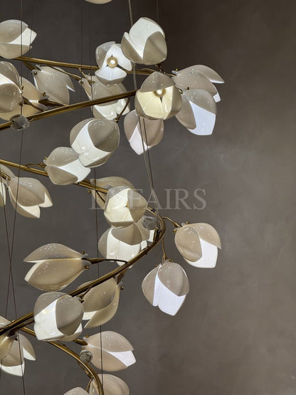 Spiral Pure White Magnolia Chandelier with Golden Branches for Staircase/High-ceiling Space/Foyer/ Duplex - Richardrider