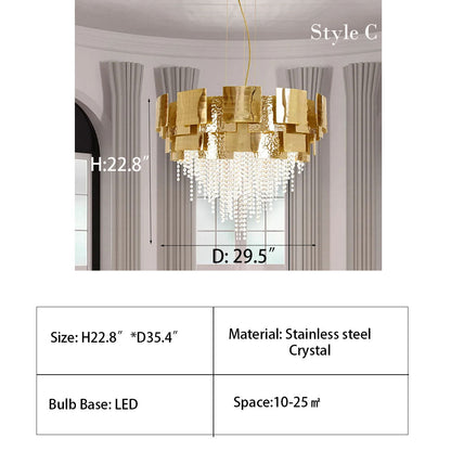 Post-modern Light Luxury Oval/Round Tiered Tassel Crystal Chandelier in Gold Finish for Living/Dining Room