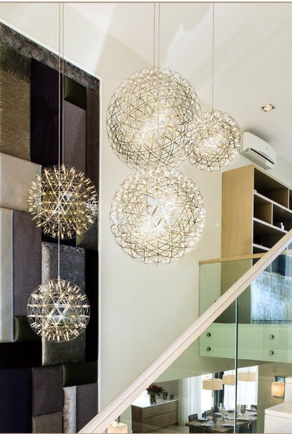 Round Starry Sky Chandelier Light Fire Ball Ceiling Lighting for Living Room/Cottage/High-ceiling