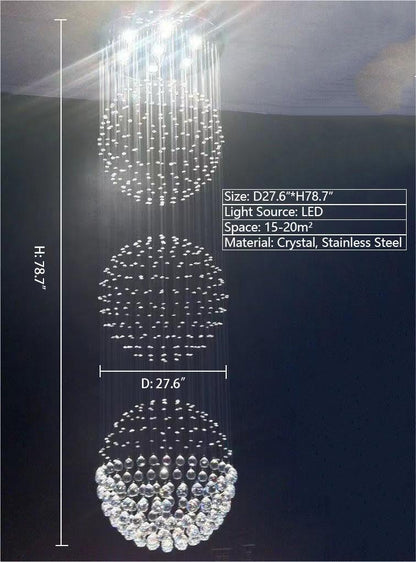 Extra Large Modern Three Balls Ceiling Crystal Chandelier For Staircase/Big-foyer, living room
