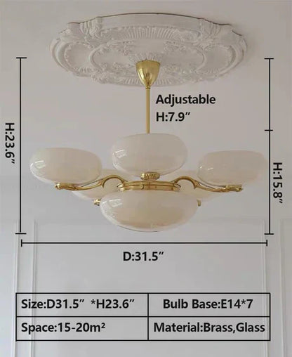 Mid-century Scandinavian American Vintage White Opal Brass Chandelier for Living Room/Bedroom
