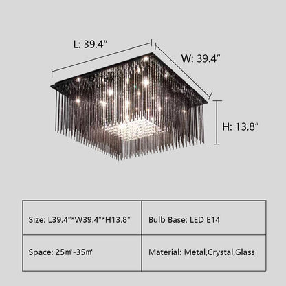 Modern Black Glass Tassel Crystal Pendant Flush Mount Chandelier for Living Room/Bedroom/Study