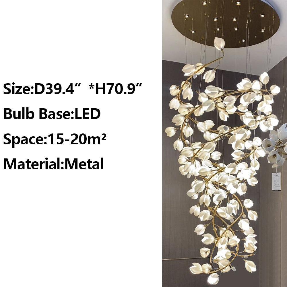 Spiral Pure White Magnolia Chandelier with Golden Branches for Staircase/High-ceiling Space/Foyer/ Duplex - Richardrider