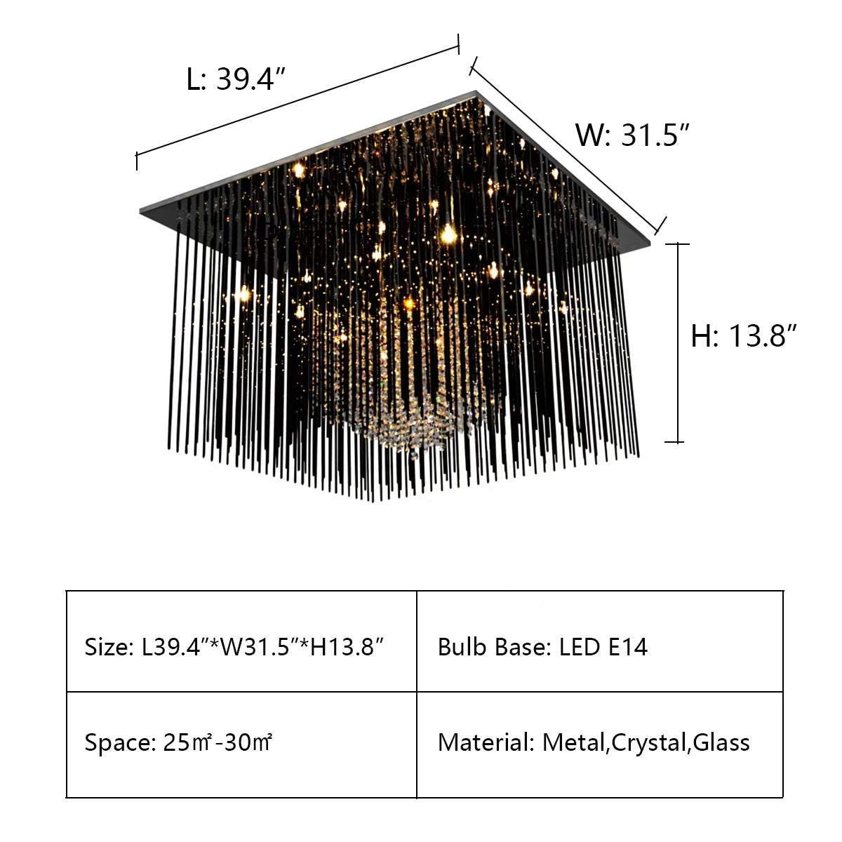 Modern Black Glass Tassel Crystal Pendant Flush Mount Chandelier for Living Room/Bedroom/Study