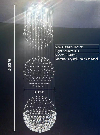 Extra Large Modern Three Balls Ceiling Crystal Chandelier For Staircase/Big-foyer, living room