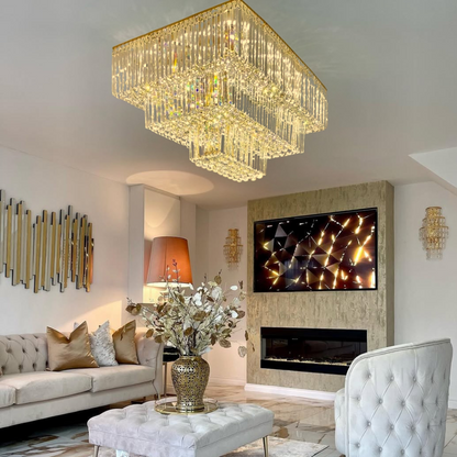 Square Crystal Ceiling Crystal Chandelier Light Fixture Three Layers