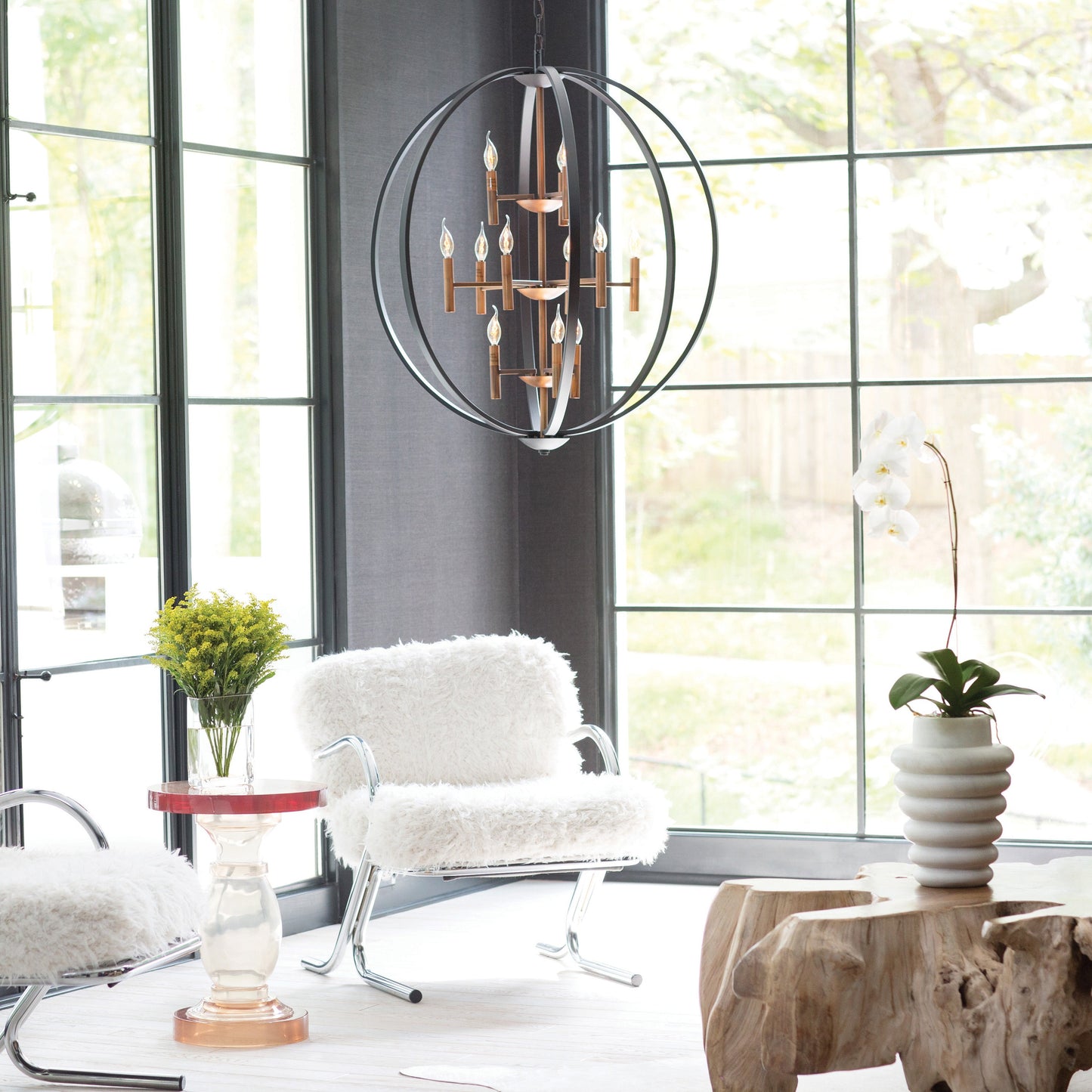 Yoriosera Chandelier Steel & White Etched Glass 22.25"D
