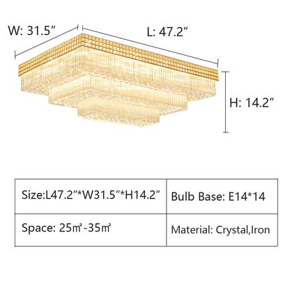 Extra Large Three Layers Rectangular Luxury Flush Mounted Crystal Chandelier for Living Room
