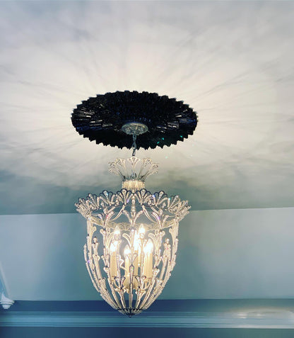 French Gold Hollow Carved Crystal Pendant Light Fixtures for Entryway