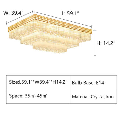 Extra Large Three Layers Rectangular Luxury Flush Mounted Crystal Chandelier for Living Room