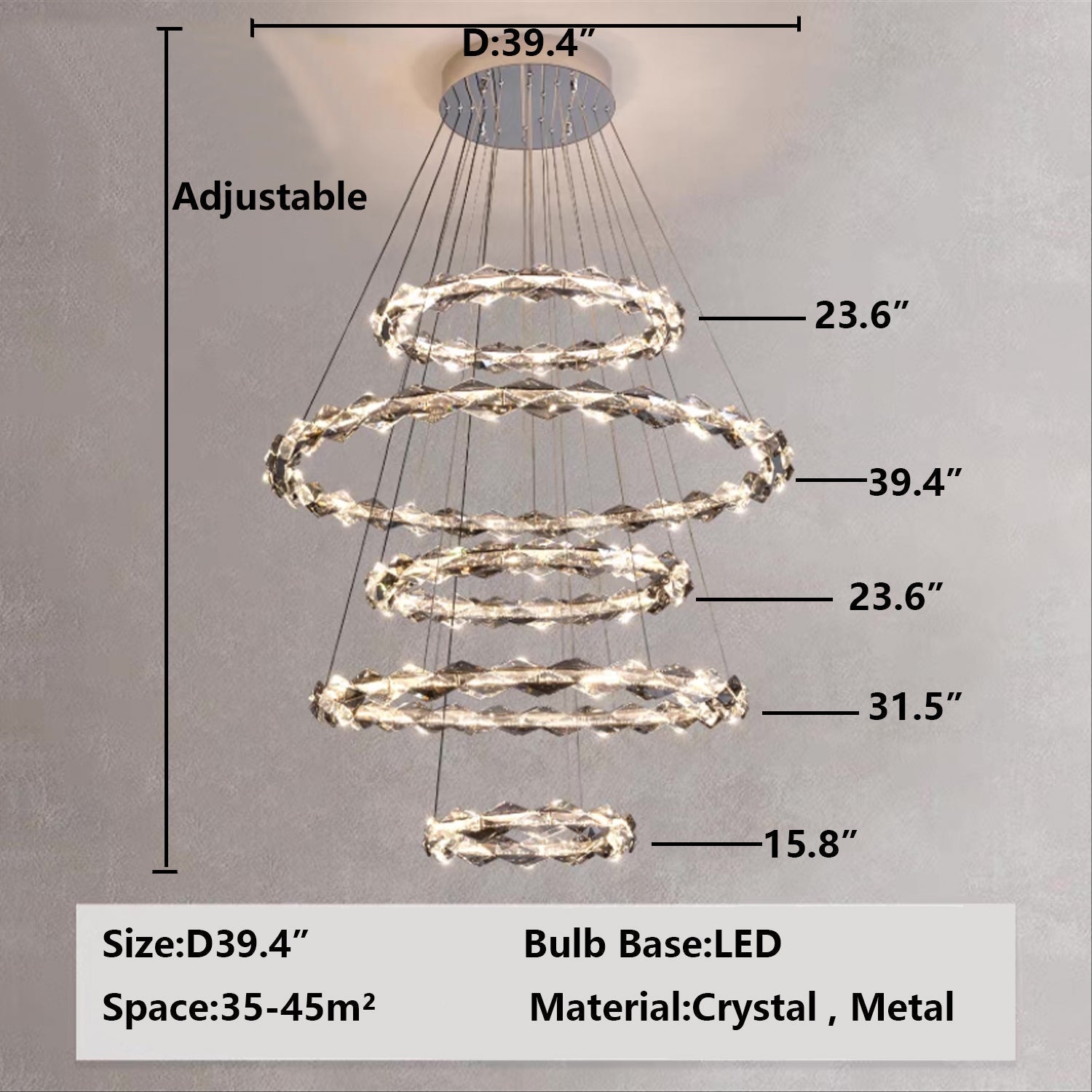 Oversized Multi-Tiered Rings Crystal Chandelier Modern Clear and Grey Crystal Ceiling Light Fixture For Staircase/Foyer/Hallway/Entryway - Richardrider