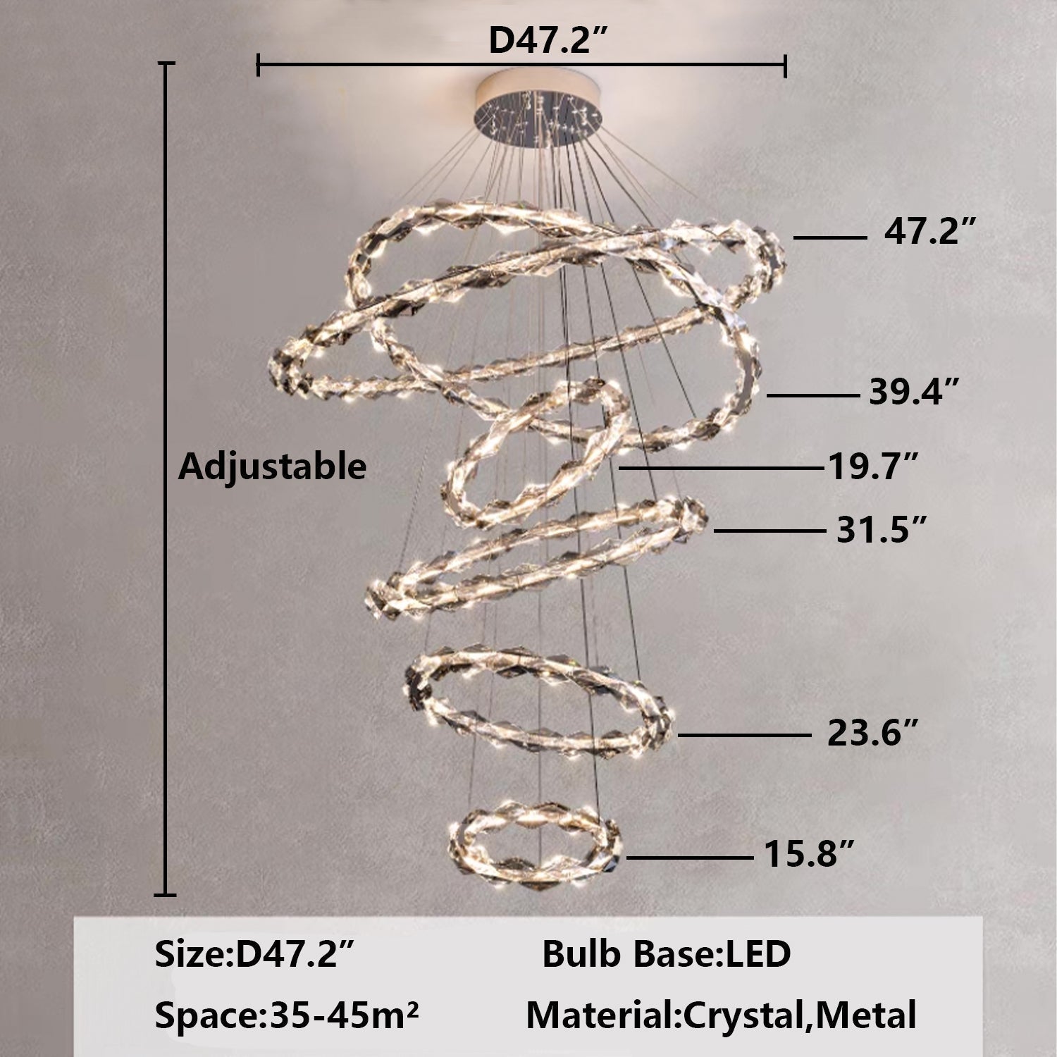 Oversized Multi-Tiered Rings Crystal Chandelier Modern Clear and Grey Crystal Ceiling Light Fixture For Staircase/Foyer/Hallway/Entryway - Richardrider