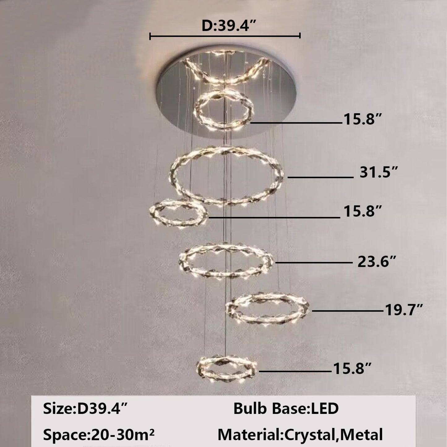 Oversized Multi-Tiered Rings Crystal Chandelier Modern Clear and Grey Crystal Ceiling Light Fixture For Staircase/Foyer/Hallway/Entryway - Richardrider