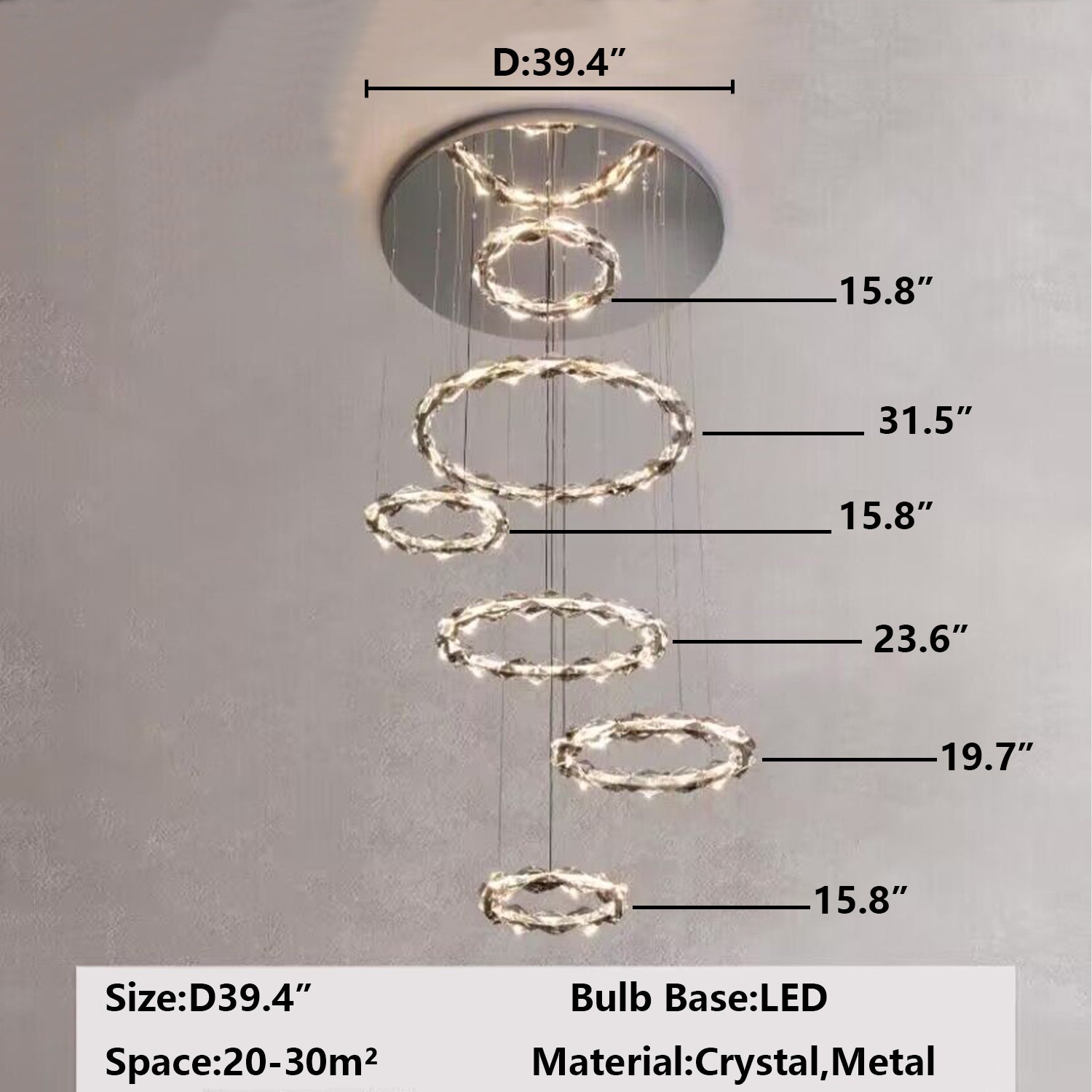 Oversized Multi-Tiered Rings Crystal Chandelier Modern Clear and Grey Crystal Ceiling Light Fixture For Staircase/Foyer/Hallway/Entryway - Richardrider