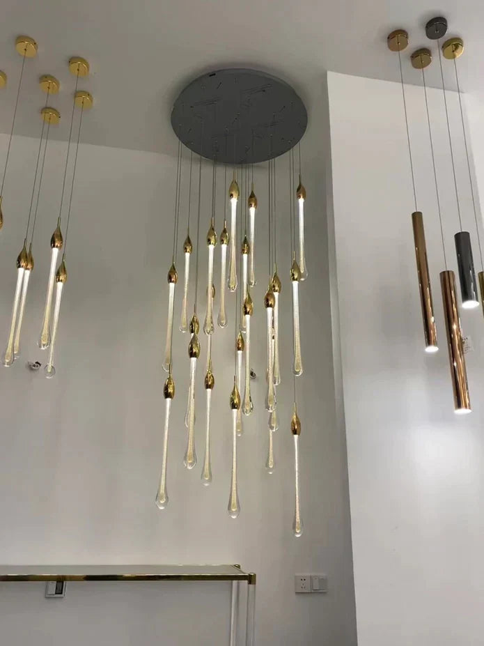 Modern Long Gold Glass Rain Rod Pendant Light for Staircase/High-ceiling room - Richardrider