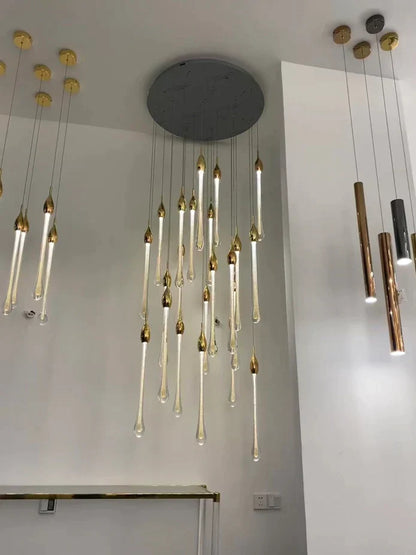 Modern Long Gold Glass Rain Rod Pendant Light for Staircase/High-ceiling room - Richardrider