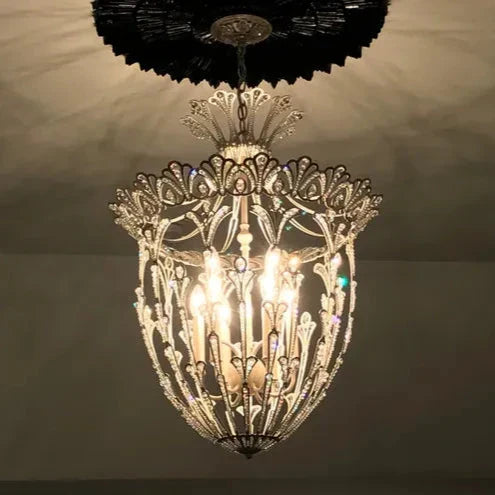 French Gold Hollow Carved Crystal Pendant Light Fixtures for Entryway