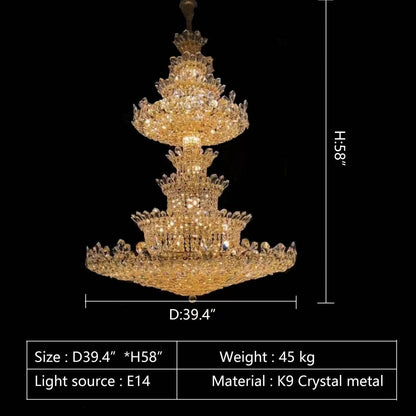 Extra Large Luxury Gold Empire Crystal Chandelier Multi-Layers Fixture for Foyer/ Big Hallway/ Hotel lobby/ Palace Hall