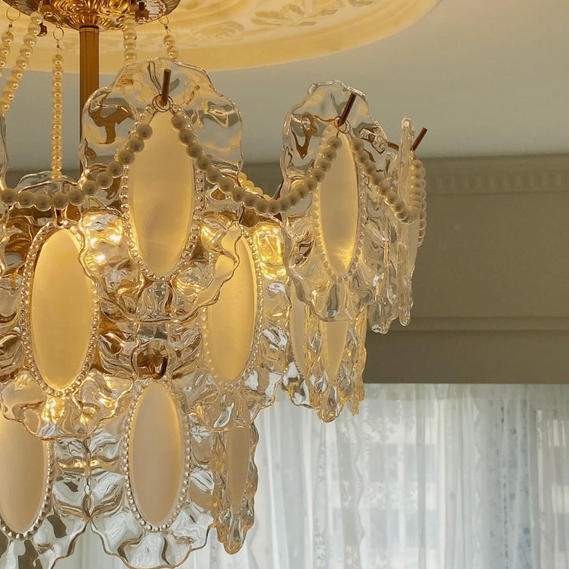 European Vintage Style Luxury Elegant Cream White Chandelier/Ceiling Light Fixture with White Pearl Chains for Living Room Bedroom Restaurant Dining Room