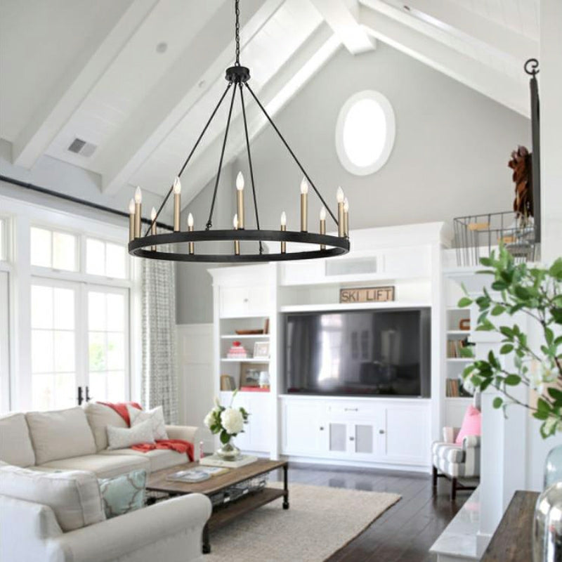 Black/ Brass Dust Wagon Wheel Chandelier Candle Style Farmhouse Vintage Ceiling Light For Living Room