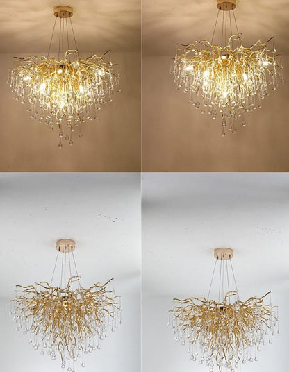 Brianna Crystal Droplet Gold Branch Round Chandelier
