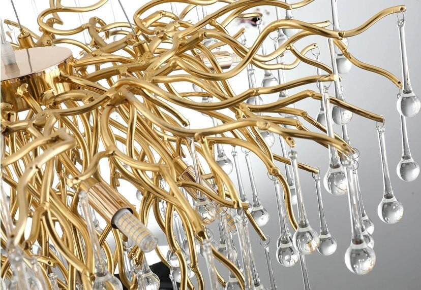 Brianna Crystal Droplet Gold Branch Round Chandelier