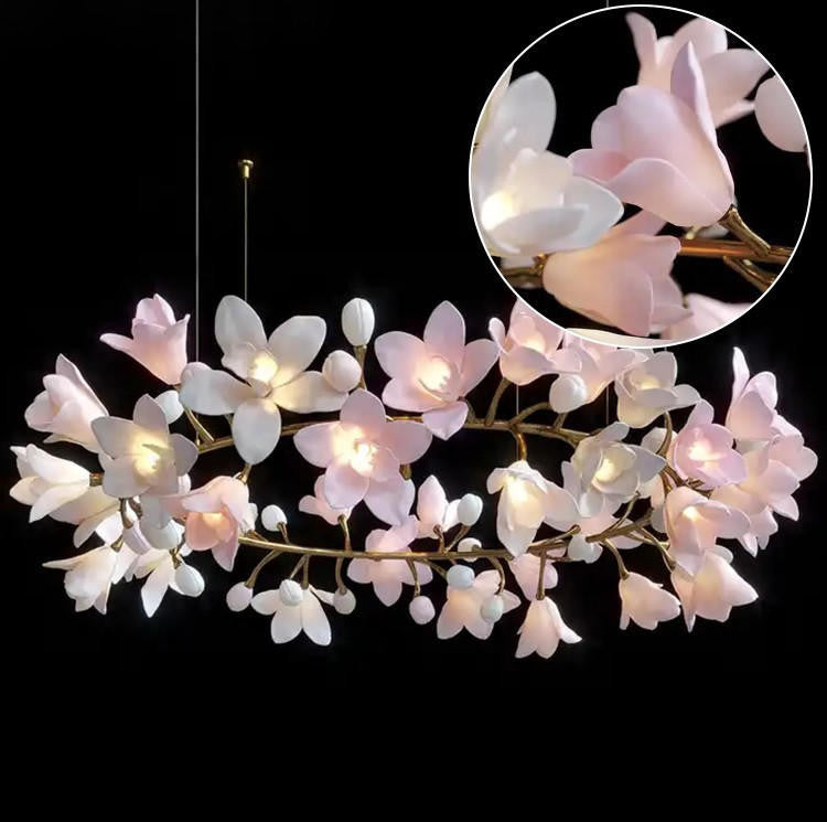 Calliope: Branching Tulip Lighting - Porcelain Flower Chandelier - Light Pink And White Ceramic Chandelier Lighting