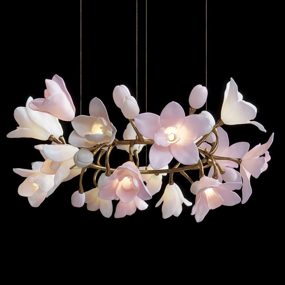 Calliope: Branching Tulip Lighting - Porcelain Flower Chandelier - Light Pink And White Ceramic Chandelier Lighting