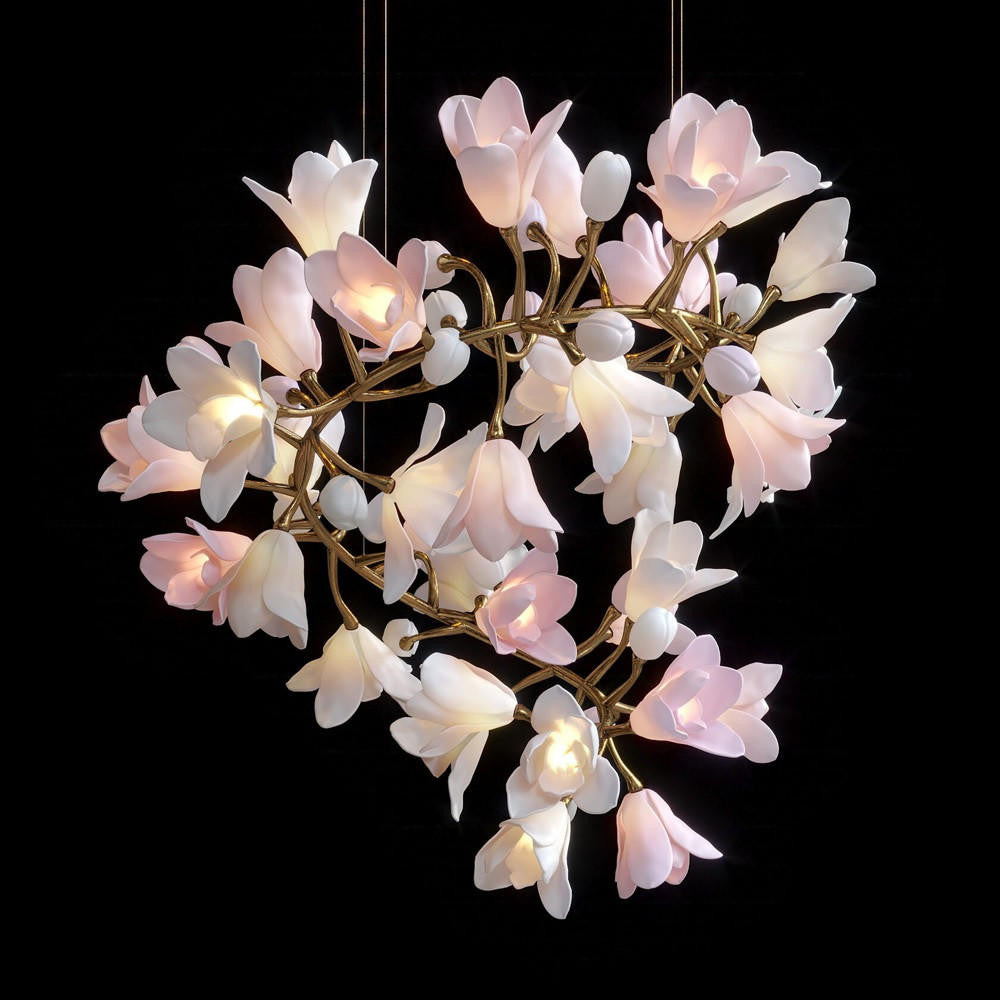 Calliope: Branching Tulip Lighting - Porcelain Flower Chandelier - Light Pink And White Ceramic Chandelier Lighting