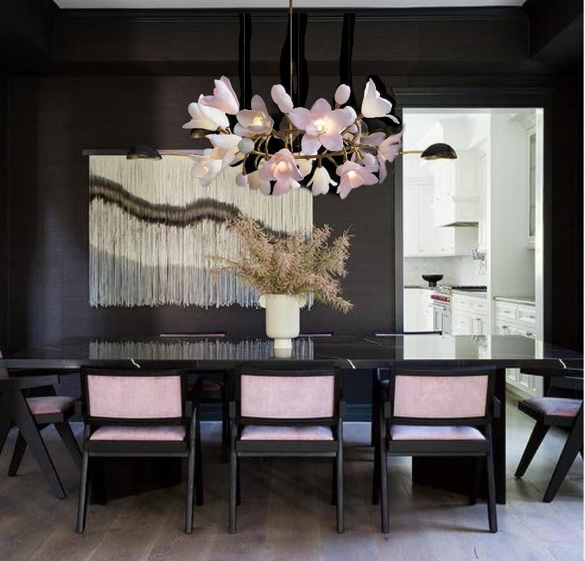 Calliope: Branching Tulip Lighting - Porcelain Flower Chandelier - Light Pink And White Ceramic Chandelier Lighting