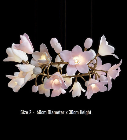 Calliope: Branching Tulip Lighting - Porcelain Flower Chandelier - Light Pink And White Ceramic Chandelier Lighting