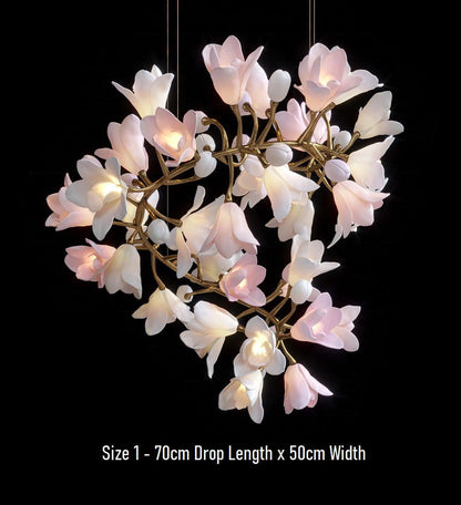 Calliope: Branching Tulip Lighting - Porcelain Flower Chandelier - Light Pink And White Ceramic Chandelier Lighting