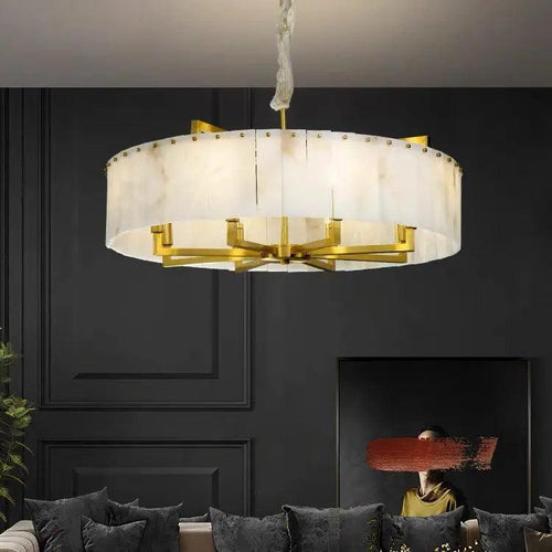 Alabaster Flake Brass Round Chandelier Lighting - Richardrider