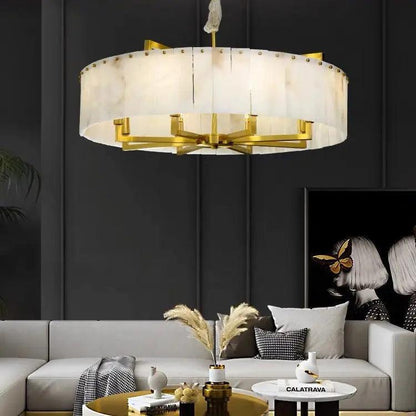 Alabaster Flake Brass Round Chandelier Lighting - Richardrider