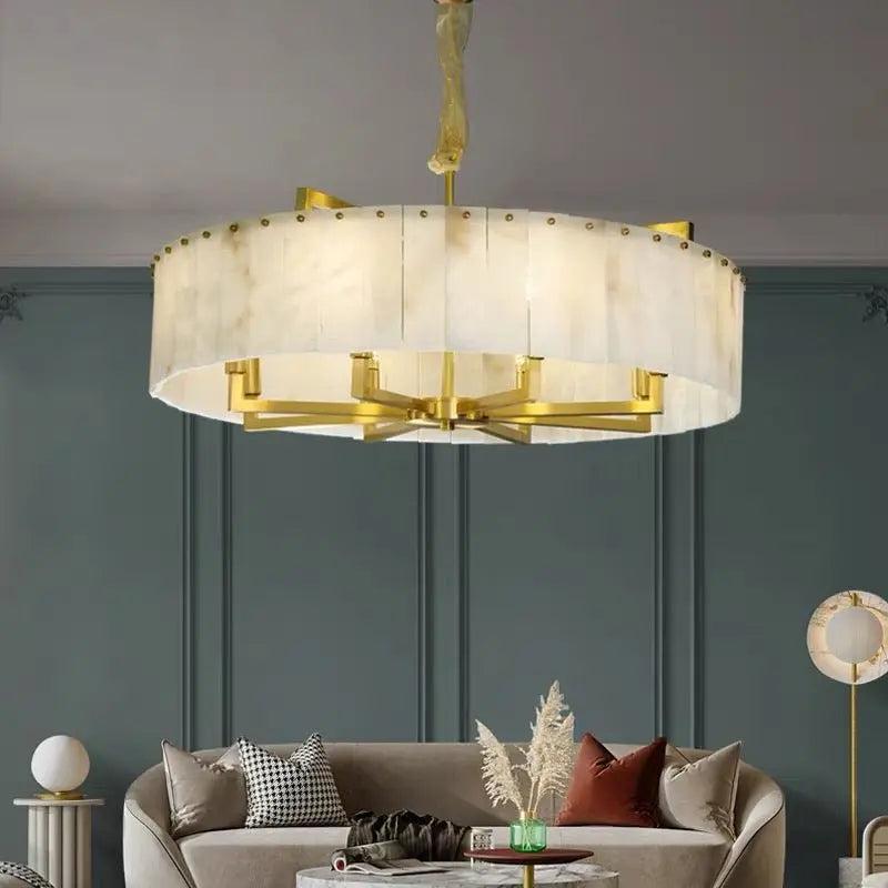 Alabaster Flake Brass Round Chandelier Lighting - Richardrider