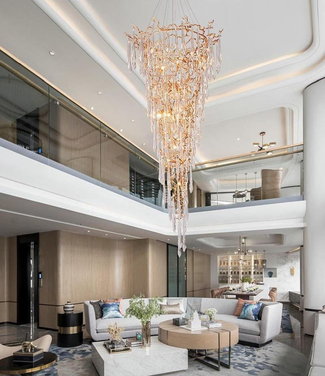 Ciecherella : Crystal Droplet Branch Staircase Chandelier - Modern Copper Chandelier - Designer Lamp