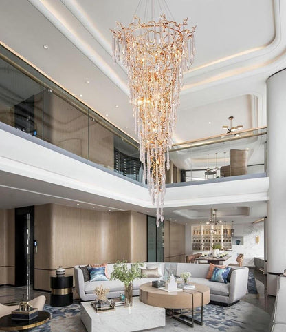 Ciecherella : Crystal Droplet Branch Staircase Chandelier - Modern Copper Chandelier - Designer Lamp